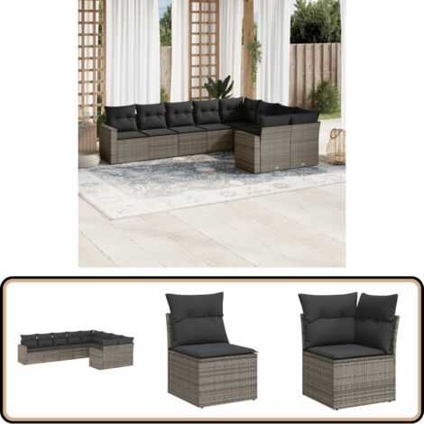 9-tlg. Garten-Sofagarnitur mit Kissen Grau Poly Rattan - Gartensortiment - Gartenmöbel - Outdoor Möbel - Lounge Set - Rattan Gartenmöbel