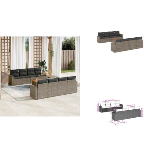 9-tlg. Garten-Sofagarnitur mit Kissen Grau Poly Rattan - Gartensortiment - Gartenmöbelset - Outdoor Möbel - Lounge Set - Rattan Gartenmöbel
