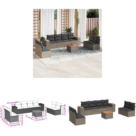 9-tlg. Garten-Sofagarnitur mit Kissen Grau Poly Rattan - Gartensortiment - Gartenmöbelset - Outdoor Möbel - Lounge Set - Rattan Gartenmöbel - Home & Living