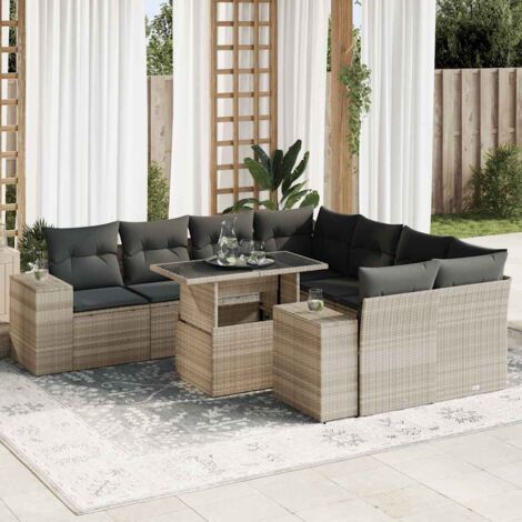 9-tlg. Garten-Sofagarnitur mit Kissen Hellgrau Poly Rattan vidaXL