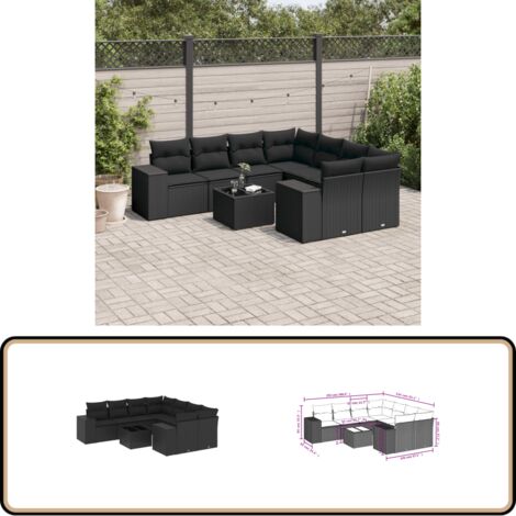 9-tlg. Garten-Sofagarnitur mit Kissen Schwarz Poly Rattan - Gartenmöbel - Esstischgarnitur - Outdoor Möbel - Lounge Set - Rattan Gartenmöbel