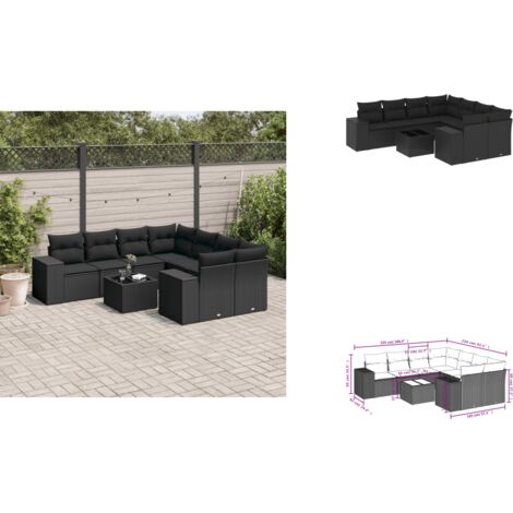9-tlg. Garten-Sofagarnitur mit Kissen Schwarz Poly Rattan - Gartenmöbel - Esstischgarnitur - Outdoor Möbel - Lounge Set - Rattan Gartenmöbel