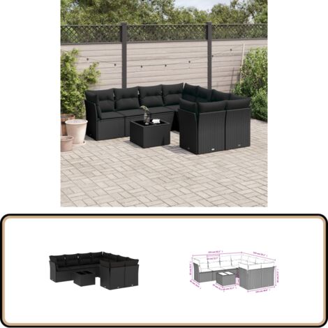 9-tlg. Garten-Sofagarnitur mit Kissen Schwarz Poly Rattan - Gartenmöbel - Esstischgarnitur - Outdoor Möbel - Lounge Set - Rattan Sofa