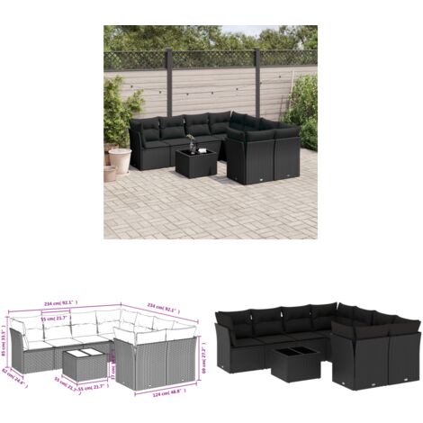 9-tlg. Garten-Sofagarnitur mit Kissen Schwarz Poly Rattan - Gartenmöbel - Esstischgarnitur - Outdoor Möbel - Lounge Set - Rattan Sofa - Home & Living