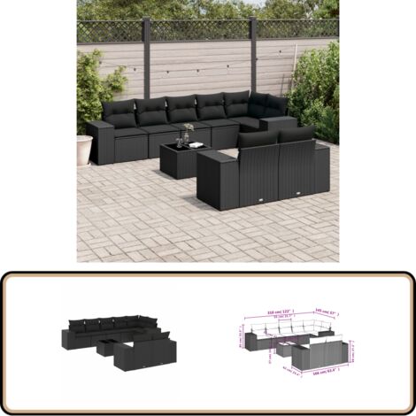 9-tlg. Garten-Sofagarnitur mit Kissen Schwarz Poly Rattan - Gartenmöbel - Esstischgarnituren - Outdoor Möbel - Lounge Set - Rattan Gartenmöbel