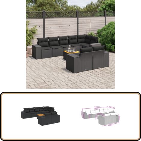 9-tlg. Garten-Sofagarnitur mit Kissen Schwarz Poly Rattan - Gartenmöbel - Esstischgarnituren - Outdoor Möbel - Lounge Set - Rattan Gartenmöbel