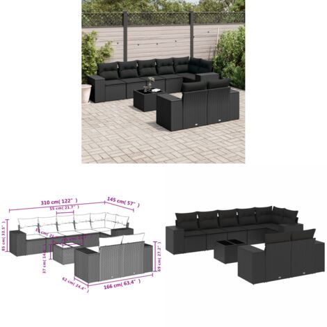 9-tlg. Garten-Sofagarnitur mit Kissen Schwarz Poly Rattan - Gartenmöbel - Esstischgarnituren - Outdoor Möbel - Lounge Set - Rattan Gartenmöbel - Home & Living