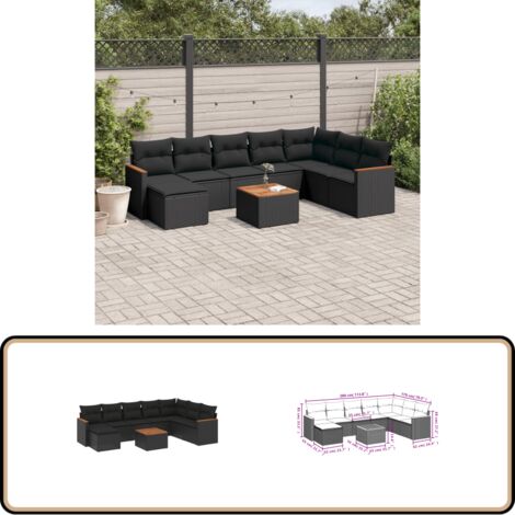 9-tlg. Garten-Sofagarnitur mit Kissen Schwarz Poly Rattan - Gartenmöbel - Esstischgarnituren - Outdoor Möbel - Lounge Set - Rattan Sofa