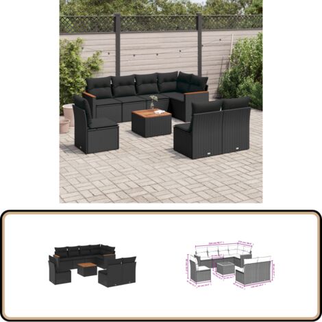 9-tlg. Garten-Sofagarnitur mit Kissen Schwarz Poly Rattan - Gartenmöbel - Esstischgarnituren - Outdoor Möbel - Lounge Set - Rattan Sofa