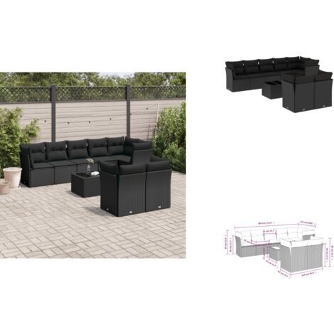 9-tlg. Garten-Sofagarnitur mit Kissen Schwarz Poly Rattan - Gartenmöbel - Esstischgarnituren - Outdoor Möbel - Lounge Set - Rattan Sofa