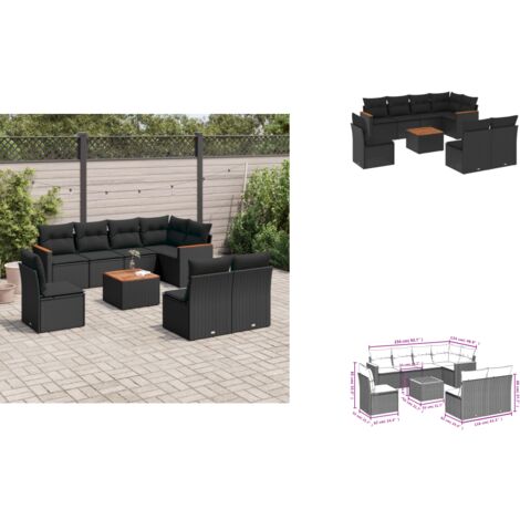 9-tlg. Garten-Sofagarnitur mit Kissen Schwarz Poly Rattan - Gartenmöbel - Esstischgarnituren - Outdoor Möbel - Lounge Set - Rattan Sofa