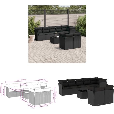 9-tlg. Garten-Sofagarnitur mit Kissen Schwarz Poly Rattan - Gartenmöbel - Esstischgarnituren - Outdoor Möbel - Lounge Set - Rattan Sofa - Home & Living