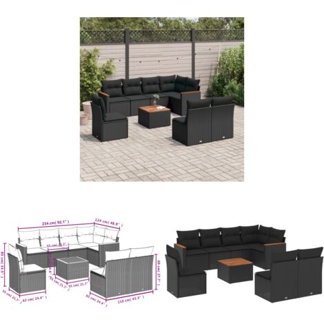9-tlg. Garten-Sofagarnitur mit Kissen Schwarz Poly Rattan - Gartenmöbel - Esstischgarnituren - Outdoor Möbel - Lounge Set - Rattan Sofa - Home & Living