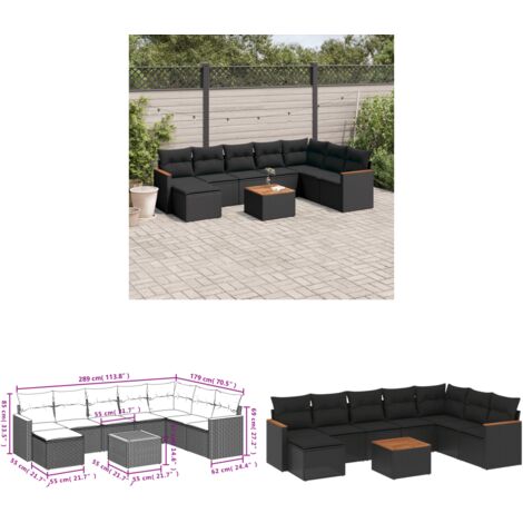 9-tlg. Garten-Sofagarnitur mit Kissen Schwarz Poly Rattan - Gartenmöbel - Esstischgarnituren - Outdoor Möbel - Lounge Set - Rattan Sofa - Home & Living