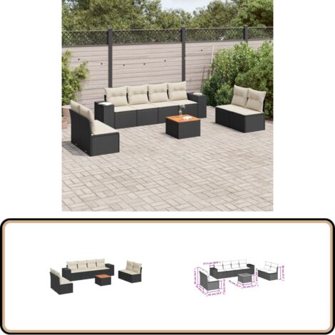 9-tlg. Garten-Sofagarnitur mit Kissen Schwarz Poly Rattan - Gartenmöbel - Outdoor Möbel - Rattan Gartenset - Lounge Set - Esstisch