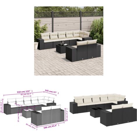 9-tlg. Garten-Sofagarnitur mit Kissen Schwarz Poly Rattan - Gartenmöbel - PE-Rattan Möbel - Outdoor Set - Esstisch - Lounge Set - Home & Living