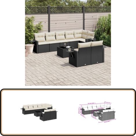 9-tlg. Garten-Sofagarnitur mit Kissen Schwarz Poly Rattan - Gartenmöbel - PE-Rattan - Outdoor Möbel - Lounge Set - Sofasitzgruppe