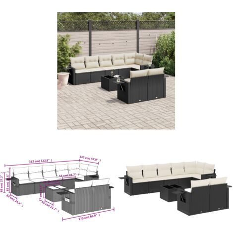 9-tlg. Garten-Sofagarnitur mit Kissen Schwarz Poly Rattan - Gartenmöbel - PE-Rattan - Outdoor Möbel - Lounge Set - Sofasitzgruppe - Home & Living