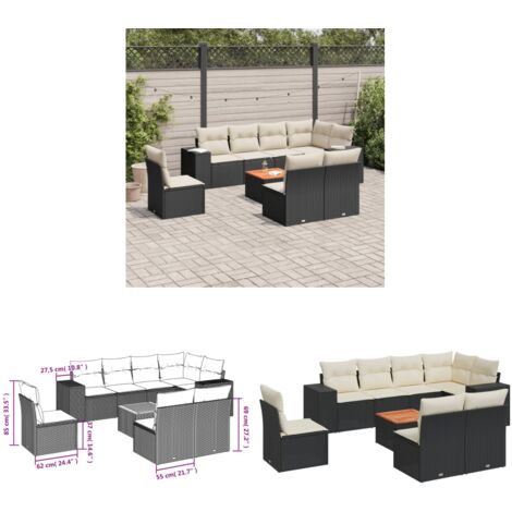 9-tlg. Garten-Sofagarnitur mit Kissen Schwarz Poly Rattan - Gartenmöbel Set - Esszimmerset Outdoor - Lounge Möbel - Rattan Gartenmöbel - Wetterfeste Gartenmöbel - Home & Living