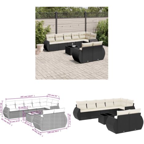 9-tlg. Garten-Sofagarnitur mit Kissen Schwarz Poly Rattan - Gartenmöbel Set - PE-Rattan Möbel - Outdoor Lounge - Esstisch Set - Gartenlounge - Home & Living