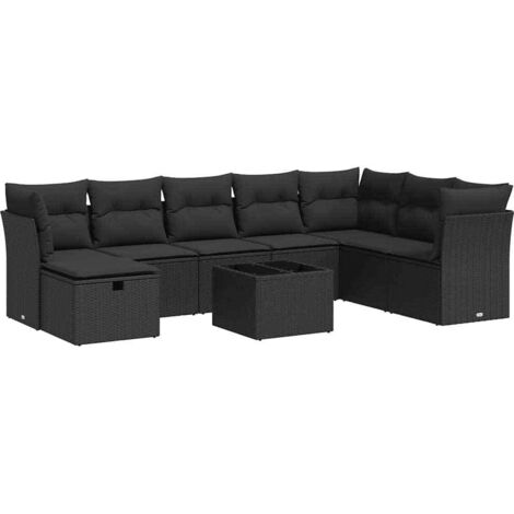 9-tlg. Garten-Sofagarnitur mit Kissen Schwarz Poly Rattan vidaXL