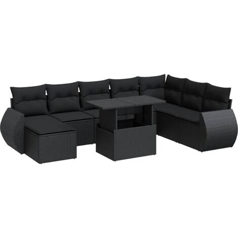 9-tlg. Garten-Sofagarnitur mit Kissen Schwarz Poly Rattan vidaXL