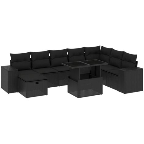 9-tlg. Garten-Sofagarnitur mit Kissen Schwarz Poly Rattan vidaXL
