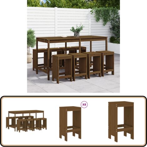 9-tlg. Gartenbar-Set Honigbraun Massivholz Kiefer - Gartentisch - Barhocker - Gartenmöbel - Outdoor Möbel - Holzmöbel