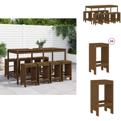 9-tlg. Gartenbar-Set Honigbraun Massivholz Kiefer - Gartentisch - Barhocker - Gartenmöbel - Outdoor Möbel - Holzmöbel