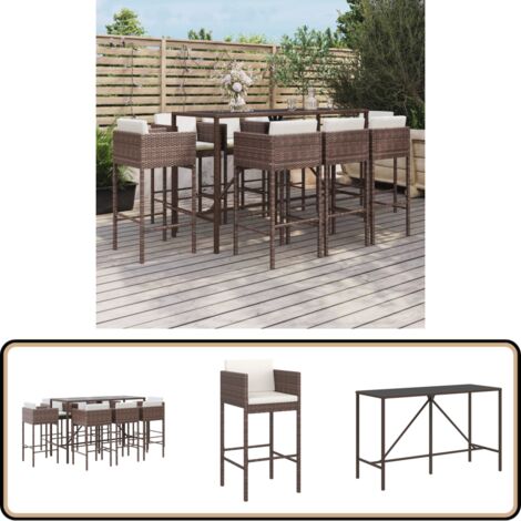 9-tlg. Gartenbar-Set mit Kissen Braun Poly Rattan - Gartensitzgruppe - Outdoor Möbel - Gartenbar - Lounge Set - Rattan Gartenmöbel