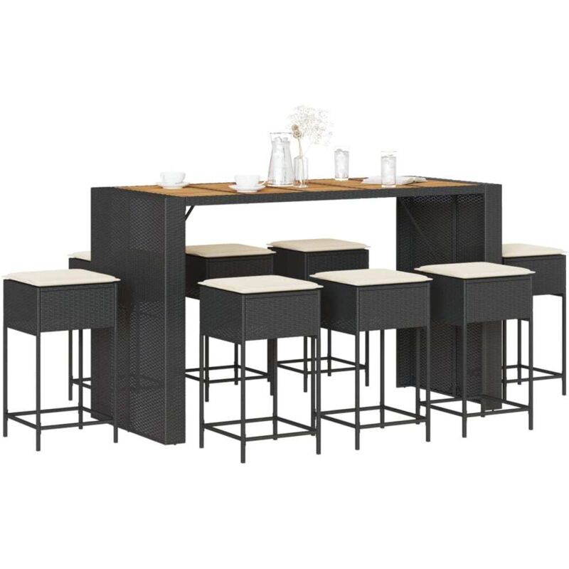 Vidaxl 9-tlg. Gartenbar-set Mit Kissen Schwarz Poly Rattan