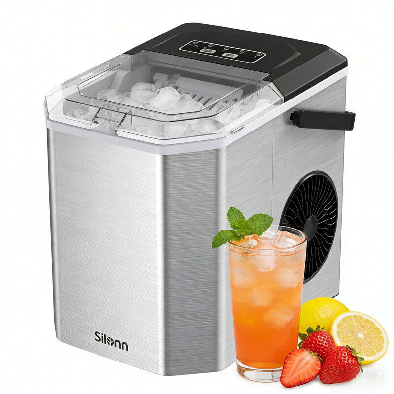 Machine à Glaçons Petite à Poignée - Autonettoyante, Panier & Pelle Inclus, 9 Glaçons/6min & 12 KG/24h, Parfaite pour Maison, Cuisine et RV