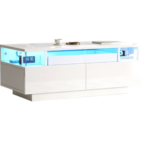 90  45  35.5 cm Couchtisch mit Tablett, Hochglanz-Couchtisch fürs Wohnzimmer, Sofatisch mit 2 Schubladen, tragender Beistelltisch aus gehärtetem Glas, kaffeetisch mit LED-Licht,Weiß