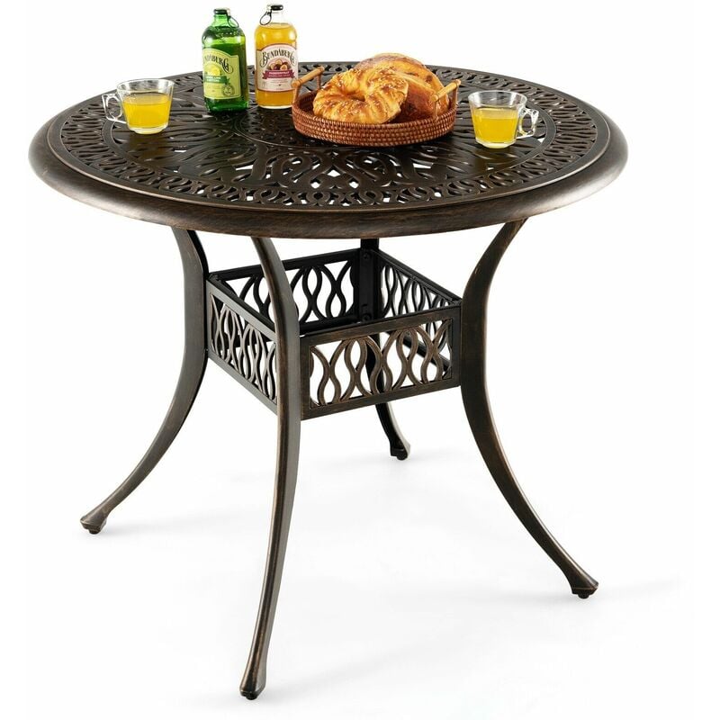 90 cm Patio Round Dining Table Outdoor Cast Aluminum Table w/ 5 cm Umbrella Hole