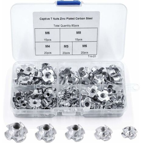 90 écrous en T à 4 mors, en acier au carbone, M3/M4/M5/M6/M8, pour mobilier