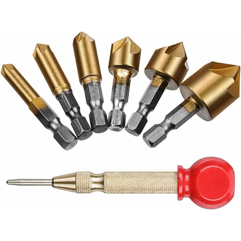 90° HSS Countersink Self Centering Punches Chamfer Drill Bit Set Chamfer Head Tools Carbide Countersink 1/4'' Hex Shank for Wood Metal 6 8 9 12 16 19