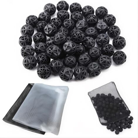 90 Pcs Aquarium Fish Tank Filtre 18mm Bio Boules Bio-Balls pour Filtration Nettoyage (Noir) + 15 x 20 cm/2 pcsAquarium Filtre Maille Sacs