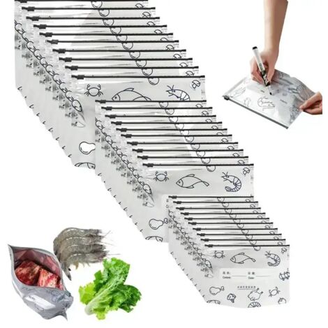 90-piece reusable vacuum zipper aluminum foil sealed food storage bags for refrigerated foods, with labels and zippers, suitable for vegetables, fruits, and meats.
