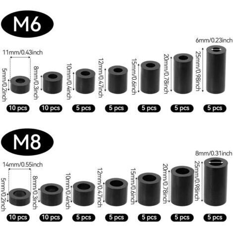 90-teiliges ABS-Abstandshalter-Set mit runden Unterlegscheiben, M6 M8 Nylon-Abstandshalter for Isolationssäulen ohne Gewinde, Kunststoff-Abstandshalter mit Aufbewahrungsbox, 14 verschiedene Größen, Sc