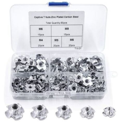 90 tuercas en T de 4 puntas de acero al carbono M3/M4/M5/M6/M8 para carpintería y muebles.