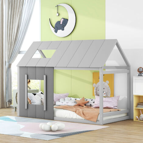 90 x 200 : Lit pour enfants, en forme de maison. Lit individuel plat, avec toit et fenêtres. Couleur gris foncé + gris clair (TAE : 12/8).