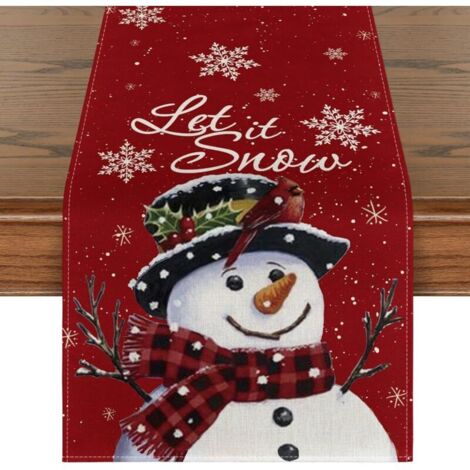 90 x 33 cm - Rouge - Chemin de table de cuisine tendance - En toile de jute - Motif bonhomme de neige - Décoration de table de Noël
