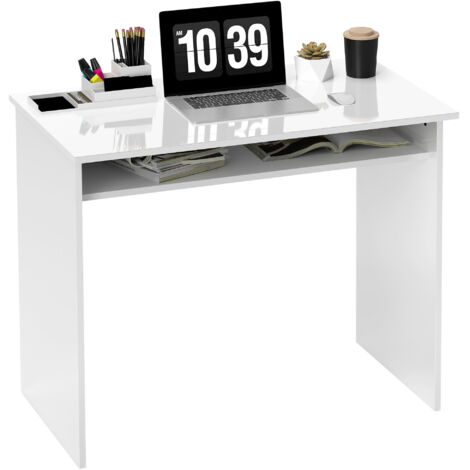 90 x 50cm Computer Table, Modern Home Office Desk, Small Writing Desk with Storage Shelf, High Gloss White