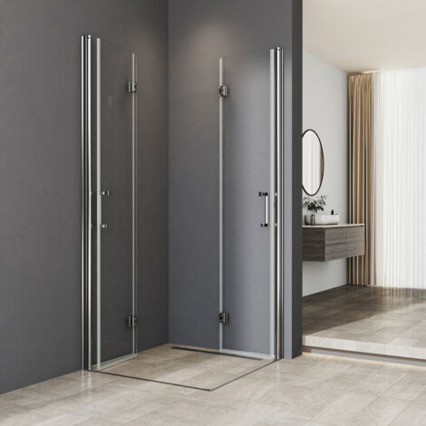 90 x 90 x 195 cm Duschkabine Eckeinstieg mit Doppel Falttüren 180º Eckig Drehfalttür Dusche Duschwand Duschabtrennung, 6mm NANO ESG Glas