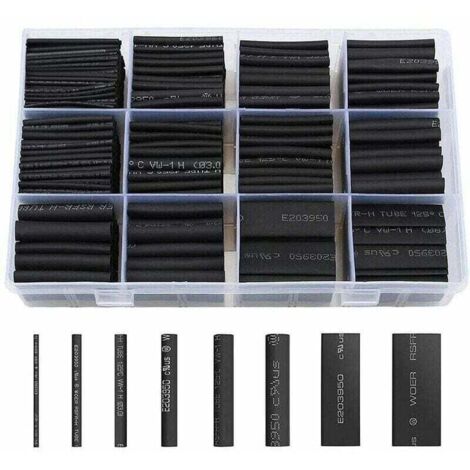 900 gaines thermorétractables noires pour isolation électrique, 12 tailles (rapport de rétraction 2:1)