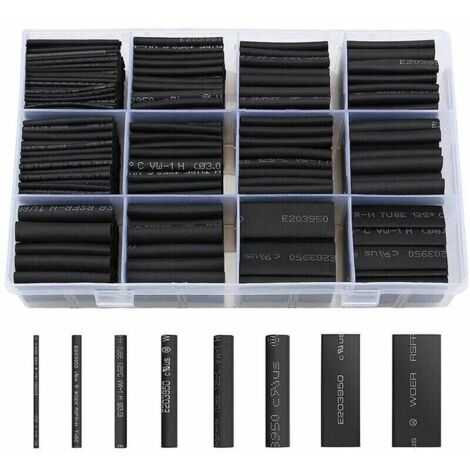 900 Pièces Gaines Thermorétractables, Thermorétractable Noire Tube, Isolation Electrique Tube de Câble D'enveloppe Thermorétractable, 12 Tailles-Ratio de Contraction 2:1