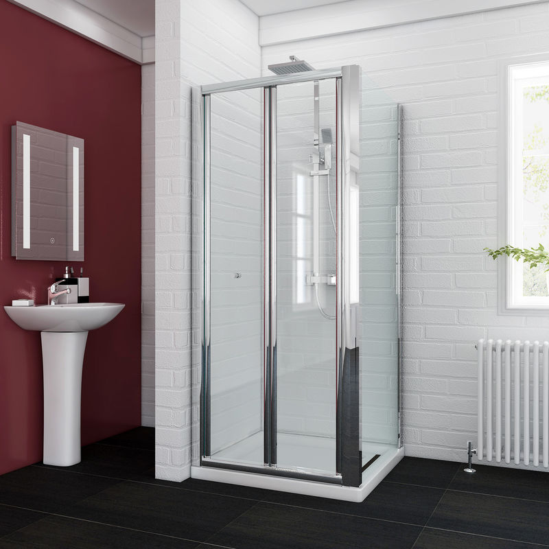 Elegant - 900 x 700 mm Bifold Glass Shower Enclosure Reversible Folding Shower Cubicle Door with Side Panel + Stone Tray