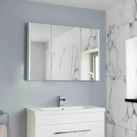 900mm Bathroom Mirror Cabinet Three Door Cupboard Wall Hung White - White