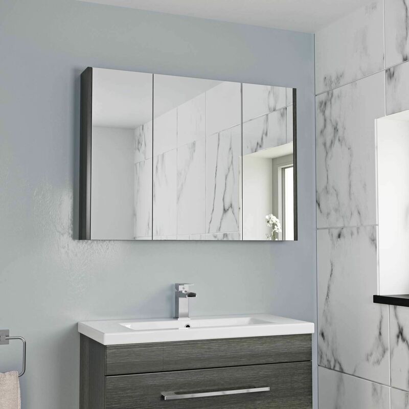 900mm Bathroom Mirror Cabinet Three Door Cupboard Wall Mounted Grey Fn3dmcdw