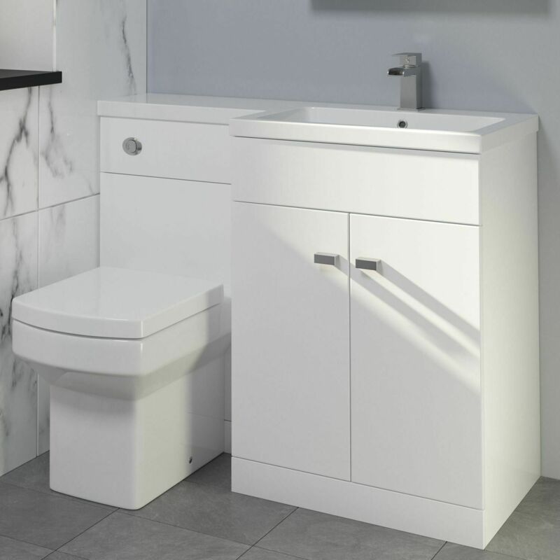 White Combination Vanity Unit Basin Sink Toilet Bathroom Furniture 1100mm Right Hand & Square Toilet Pan Gloss